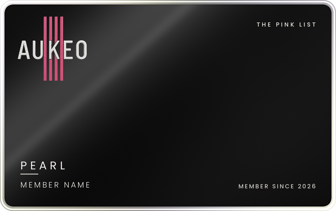 The Pink List Pearl card: black with a pearl edge and the Aukeo logo