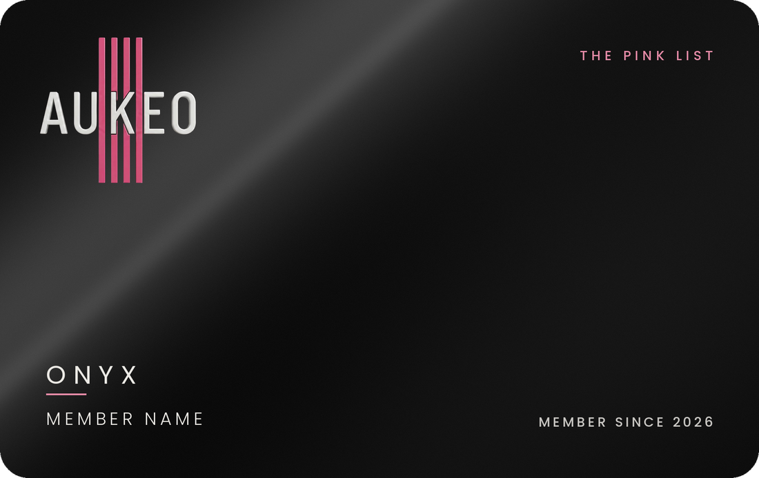 The Pink List Onyx card: polished black onyx with the Aukeo logo