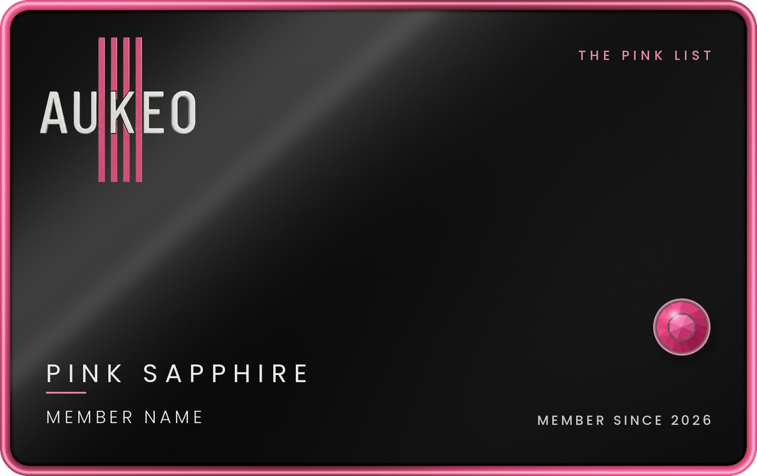 The Pink List Pink Sapphire card: black with an Aukeo Pink edge and an inset pink sapphire